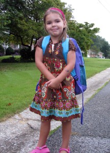 Analise on the street ready for her first day of school