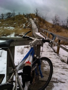 I parked my bike here and hiked the rest of the way up the boardwalk across the top of a small sand dune on Lake Michigan in New Buffalo, MI