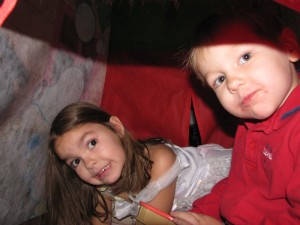 Tea party on the trampoline inside the dora tent
