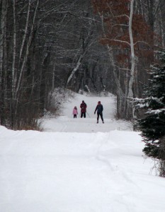 Heading back down the trail after a long ski
