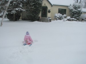 Analise prepares to walk/crawl/hike through the foot of snow in the front yard