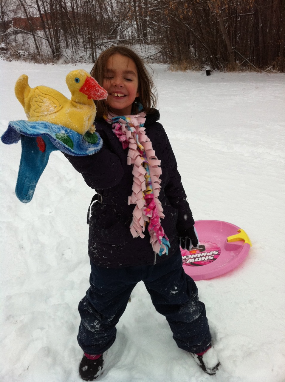 Analise took a tumble in the deep snow, and her duck took a snow bath!