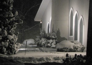 Snowing outside Salem Lutheran during the start of the 11pm Christmas Eve service